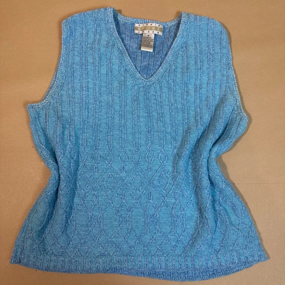 Vintage Sigrid Olsen Sport Knit Vest Top Blue V Neck Cotton Linen Blend‎ size M